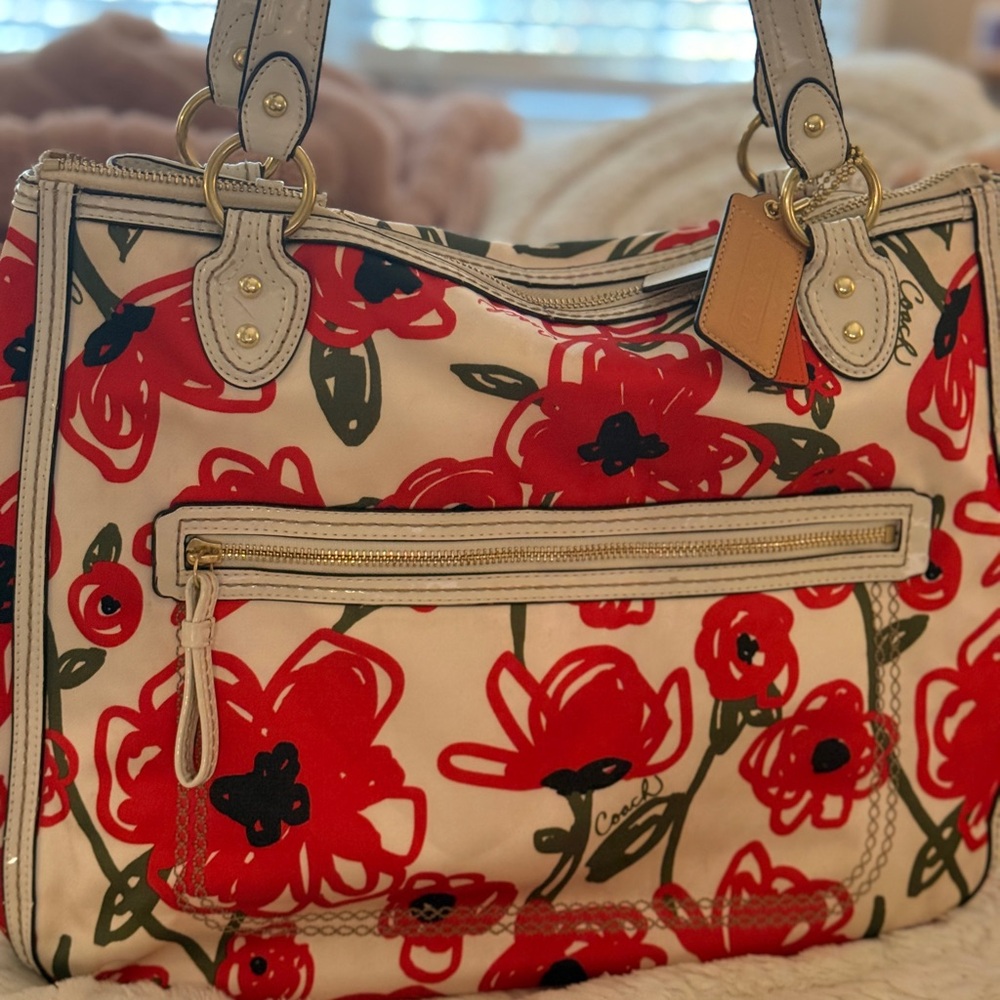 Coach Cream and Red Floral Shoulder Bag